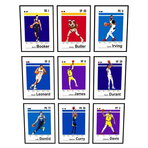 Bigwig Prints Basketball Posters - NBA Posters for Lebron James, Steph Curry, Kevin Durant, Kyrie Irving, Devin Booker, Luka Doncic, Jimmy Butler, Kawhi Leonard, Anthony Davis - Unframed 9 Pack (8x10)