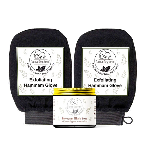 Natural Elephant Moroccan Black Soap 200g (7oz) and 2 Pack Exfoliating Hammam Glove Combo (Pure Black)