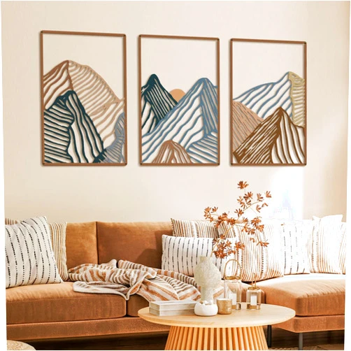 Peryiter 3 Pcs Mountain Metal Wall Art Mountain Line Wall Decor Abstract Minimalist Wall Art Rustic Nature Wall Decor for Home Bathroom Living Room (Vibrant Colors)