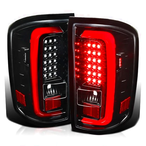Spec-D Tuning Jet Black Housing Clear Lens Red LED Bar Tail Lights Compatible with 2014-2018 GMC Sierra 1500, 2014-2018 GMC Sierra 2500HD, 2014-2018 GMC Sierra 3500HD, Left + Right Pair Assembly