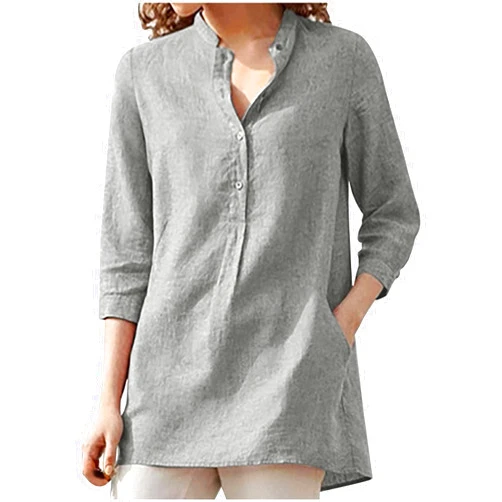 HGCCGDU Plus Size Henley Tops for Women Quarter Button Up 3/4 Sleeve Collarless Summer Linen Shirts Casual Loose Peasant Shirt Gray Small