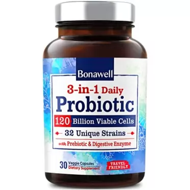 Bonawell 3-in-1 Daily Probiotics 120 Billion CFU 32 Strains with Organic Soluble Prebiotic, Natural Digestive Enzyme for Gut Health, Digestion & Immunity, Shelf-Stable Delayed-Release, 30 Veggie Caps