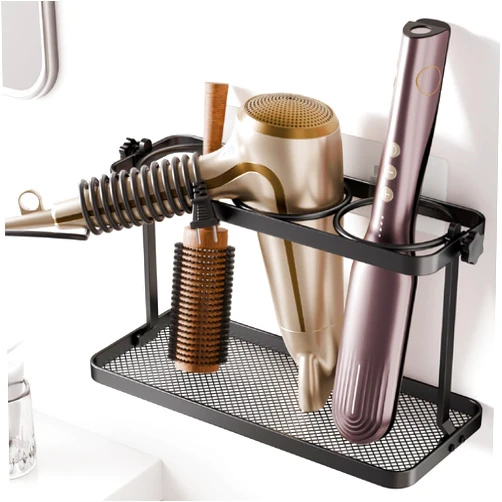 Josmimic Adjustable Height Hair Tool Organizer Holder - Adhesive Wall Mounted for Blow Dryer, Curling Iron, Straightener - Multi-Position Bathroom Storage (Black)