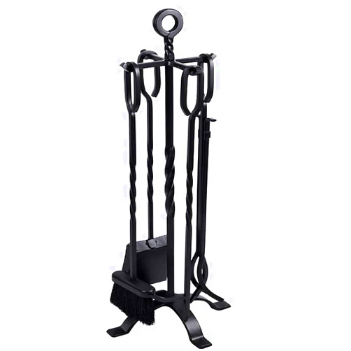 AMAGABELI GARDEN & HOME 5 Pieces Fireplace Tools Set Indoor Wrought Iron Fire Place Pit Large Poker Wood Stove Log Firewood Tongs Holder with Handles Modern Black Outdoor Accessories Kit
