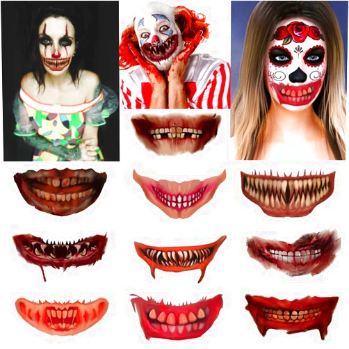 Vibebli 12PCS Halloween Face Tattoos - 2023 Scary Halloween Face Temporary Tattoos For Adult Women Men - Clown Horror Big Mouth Tattoo Stickers Makeup Face Tattoos for Halloween Cosplay Party