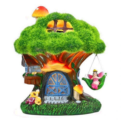 TERESA'S COLLECTIONS Fairy House Outdoor Statues with Solar Light for Garden Decor, Green Moss Resin Outdoor Cottage with Swinging Fairy, Lawn Ornaments Yard Decor Gifts for Mom Women, 5.1