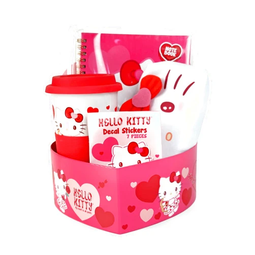 Megatoys Hello Kitty Deluxe Love Heart Gift Set - Hello Kitty Mug, Notebook, 7pc vinyl stickerset, plush pencil pouch, heart shaped gift box.