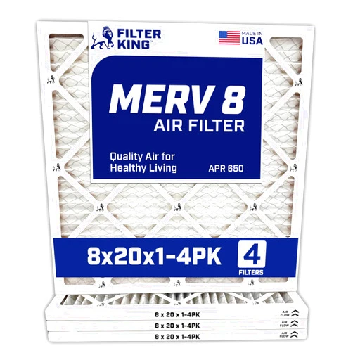 Filter King 8x20x1 Air Filter | 4-PACK | MERV 8 HVAC Pleated A/C Furnace Filters | MADE IN USA | Actual Size: 8 x 20 x .75
