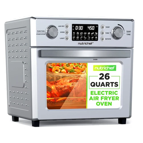 NutriChef 26L Electric Air Fryer Oven | 1700W Countertop Rotisserie & Air Fryer | 360° Rotating Feature | 10 Menu Presets | Includes Drip Tray, Air Frying Basket & Bake Rack 15x16x14 | Stainless Steel