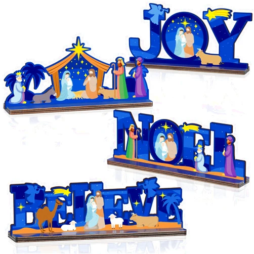 Chiazllta 4Pcs Religious Christmas Party Table Decorations Wooden Nativity Scene Party Table Centerpieces Believe Joy Noel Jesus Nativity Sign for Indoor New Year Holiday Home Kitchen Office Wood Craft Decors