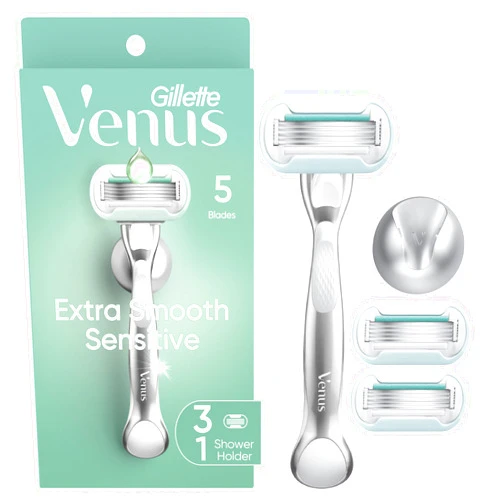 Gillette Venus Venus Extra Smooth Sensitive Women's Razor with Reusable Razor Handle, 3 Razor Blade Refills and Shower Holder