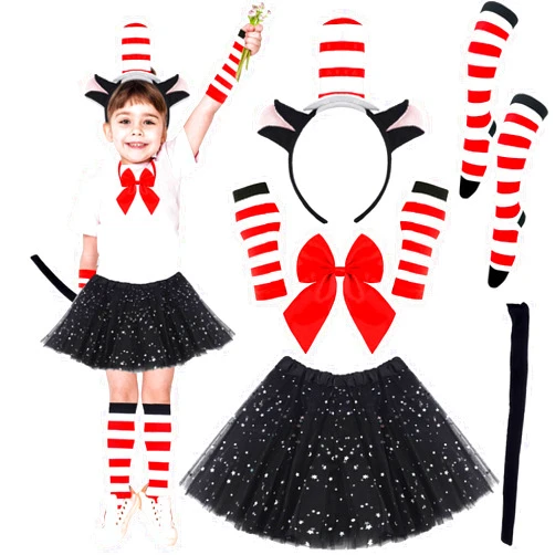 NinkyNonk 8PCS 100th Day of School Cat Costume with Headband, Tail, Tutu, Bowtie, Arm Warmers, Stockings for Toddler Girls Cosplay