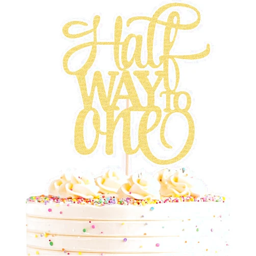 AHAORAY Half Way To One Cake Topper - Gold Glitter 6 Months Birthday Decorations Supplies - Half Birthday Decorations Baby Girl, for Baby Shower/Gender Reveal Party/Baby Party Photo Booth Props