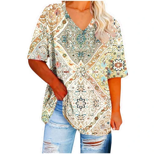 Generic Women's Floral Graphic Shirts Summer Casual Plus Size Short Sleeve T Shirt V Neck Blouse Loose Comfy Oversize Tops