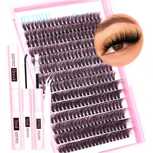 JIMIRE 50D Fluffy Eyelash Extension Kit 280Pcs Volume Lash Clusters Kit Mink Lash Extension Kit with Lash Bond and Seal D Curl Cluster Eyelash Extensions Soft 9-16MM Individual Eyelash Clusters Kit