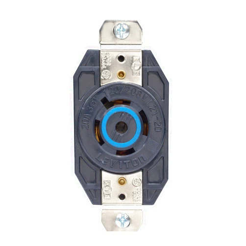 Leviton 2510 20 Amp, 120/208 Volt- 3PY, Flush Mounting Locking Receptacle, Industrial Grade, Grounding, V-0-Max, Black
