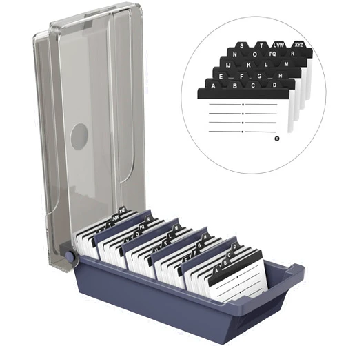 MaxGear Business Card Holder for Desk, Business Card Case Organizer, Credit Card Holder File, Business Card Holders Box Storage, Capacity: 500 Cards (2.2” x 3.5”), 4 Divider Boards & A-Z Tabs, Gray