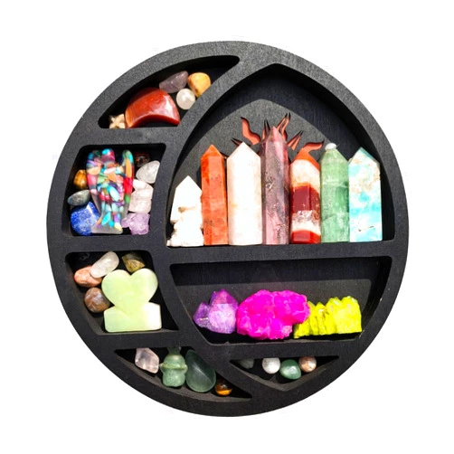 Veravellum Round Sun Crystal Display Shelf - Wooden Celestial Wall Shelf for Crystals, Gemstones, and Boho Home Decor