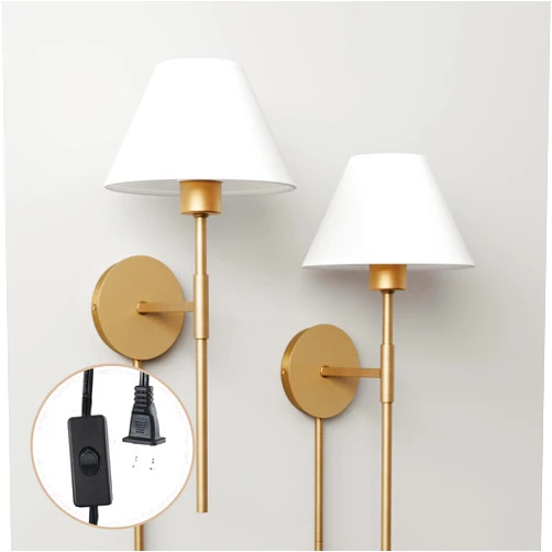 Nathan James Millie Plug-in Wall Sconce, Wall Mounted Bedside Reading Lamp with Cotton Shade and Brass Back Plate, Set of 2