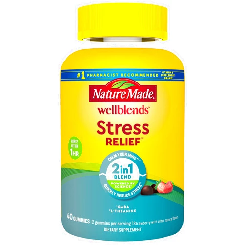 Nature Made Wellblends Stress Relief Gummies, L theanine 200mg to Help Reduce Stress, with GABA 100mg, Same Day Stress Support, 40 Strawberry Flavor Gummies