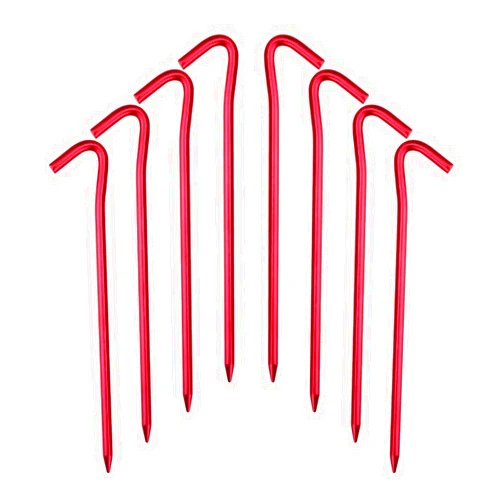 Hikemax 7075 Aluminum Tent Stakes 10 Pack - Ultralight 7 Inch Hook Tent Pegs with Carrying Pouch - Made for Camping Trip, Hiking and Gardening Red