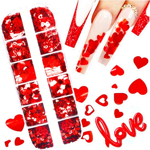 AIDVPOD Red Heart Nail Art Glitters for Valentine's Day Charms Valentine Nail Decorations Supplies 3D Holographic Love Sequins Sparkle Design Women DIY Acrylic Manicure Decor