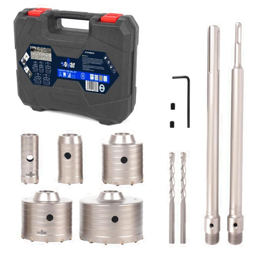 Sollar 11PCS Concrete Hole Saw Kit with 300mm SDS Plus & MAX Shank and 2 Drill Bits,YG9 Tungsten Carbide Tip and Harden High Carbon Steel Body Plus for Concrete Stone Wall,Kit Size 30 40 65 80 100mm