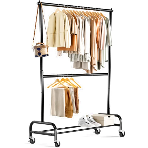 MISSLO Heavy Duty Clothing Racks for Hanging Clothes Rack Double Rod Garment Rack Rolling Closet Wardrobe Rack on Wheels, Metal, Adjustable, Black