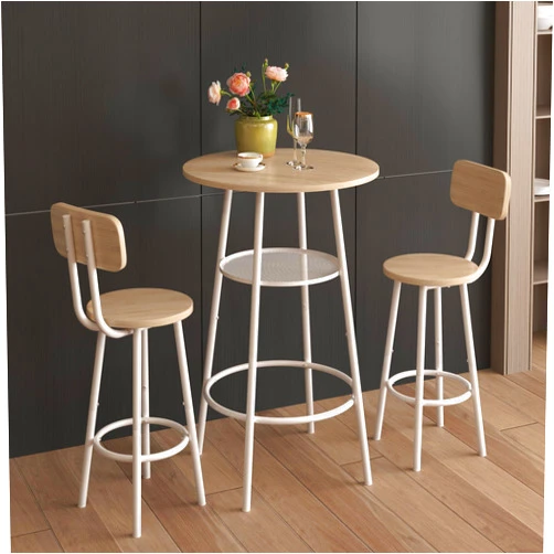 MASISDAOZ 3-Piece Wooden Bistro Table Chairs Set for 2, Small Round Bar Pub Cafe Table and 2Pcs 24'' Stools with Backrest, Counter Height Table and Chairs Set for Kitchen Small Space (White Oak)
