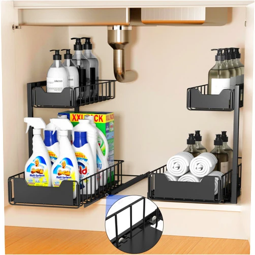HAIREALM Under Sink Organizer 2 Pack, L-Shaped Pull Out Cabinet Metal Organizer for Kitchen and Bathroom, Sliding Drawer Shelf, Black