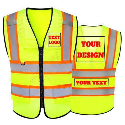 Shmimy Custom Logo Mesh Reflective Safety Vest Class 2 with 5 Pockets and Zipper