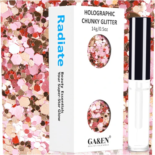 GA&EN Rose Gold Holographic Chunky Glitter Cosmetic Body Hair Face Eye Nail for Festival Carnival Party Beauty Rave Accessories Different Sizes&Shapes 2 Pots 14g/0.5oz+ Quick Dry Primer Glue Gel