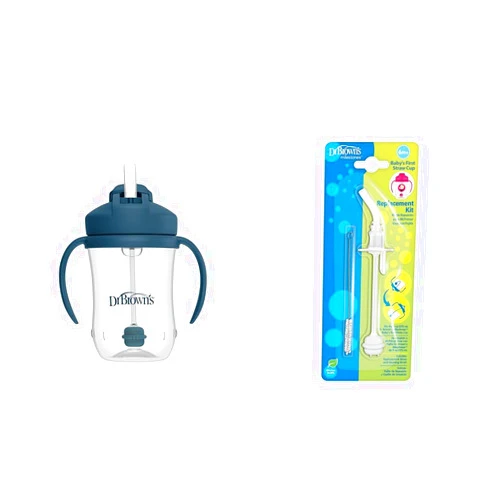 Dr. Brown's Baby's First 6m+ Straw Cup Bundle with Weighted Straw, Handles, Lid, Straw, and Brush, Dark Blue