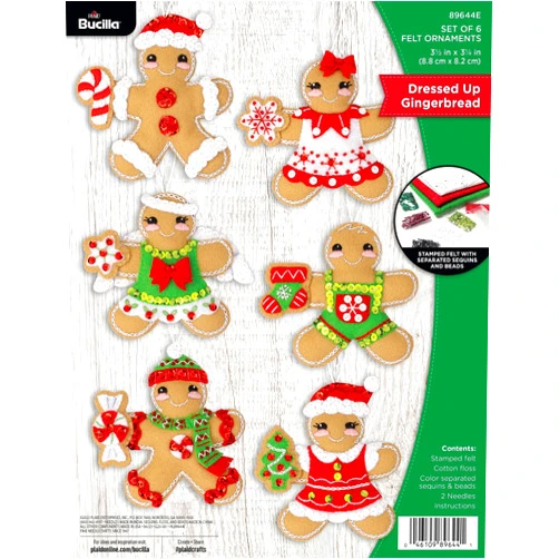 Bucilla, Dressed Up Gingerbread, Felt Applique 6 Piece Ornament Making Kit, Perfect for DIY Arts and Crafts, 89644E
