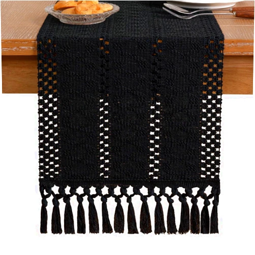 Socomi Fall Boho Table Runner Macrame 60 Inches Woven Cotton Linen Rustic Table Runner with Handmade Tassels for Home Decor Dining Fall Thanksgiving Christmas 12x60 inches Black