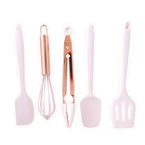 Hapivida Silicone Kitchen Utensils Set, 5pcs Pink Heat Resistant Silicone Cooking Utensils Nonstick Kitchen Gadgets Cookware with Hanging Hole for Cooking Baking