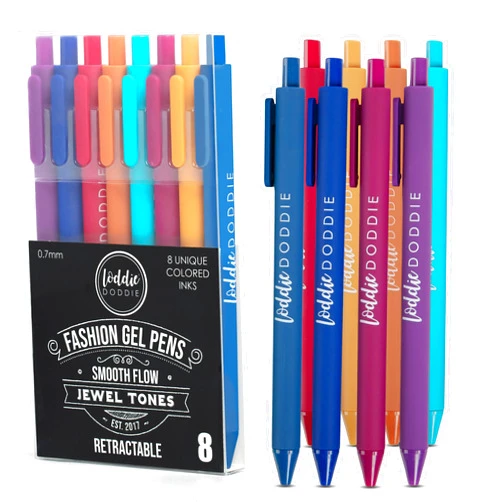 Loddie Doddie Jewel Tones Gel Pens for Journaling and Note Taking - 8 Pack, 0.7 mm Medium Point Smooth Writing Retractable Pens, No Bleed Non Smudge
