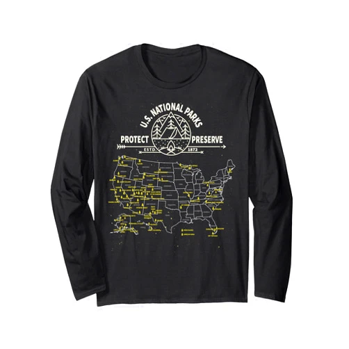 America's National Parks Outdoors Clothing and Co. U.S. National Park Camping - All 63 US National Parks Map Long Sleeve T-Shirt