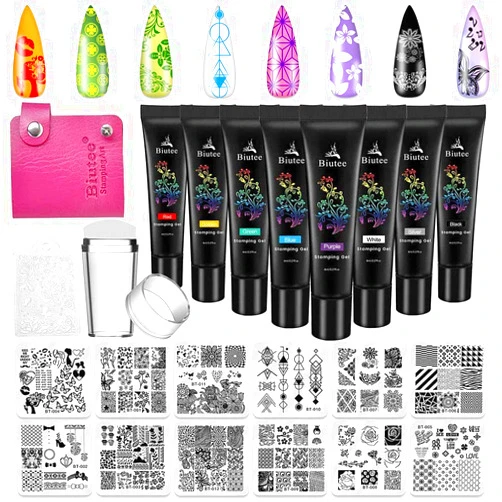 Biutee Nail Stamping Plates Set 12pcs Templates 8 Colors Nail Stamping Polish Gel Nail Stamper Scraper Storge Bag Nail Art Plates set animal flower design