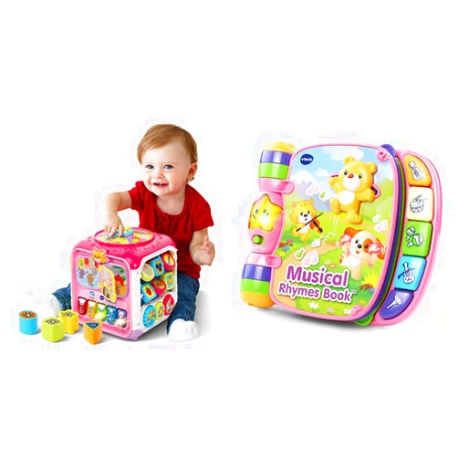 VTech Sort and Discovery Activity Cube (Frustration Free Packaging), Pink & Musical Rhymes Book, Pink Pink Frustration Free Packaging Activity Cube + Musical Rhymes Book