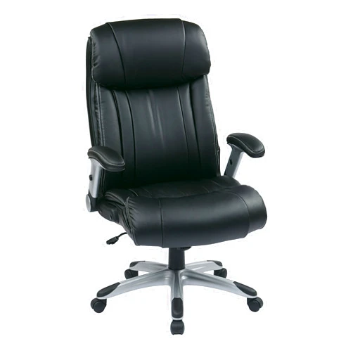 Office Star Products Office Star ECH Series High Back Executive Bonded Leather Office Chair with Adjustable Padded Flip Arms, Black with Silver Coated Base