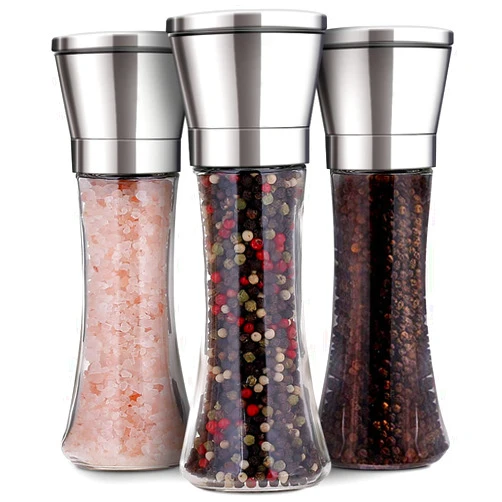 Bonris Salt and Pepper Grinder Set of 3 Adjustable Ceramic Salt Grinder & Pepper Grinder - Tall Salt and Pepper Shakers with Adjustable Coarseness by Ceramic Rotor