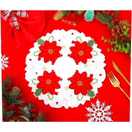 MinWen GR-Home Holiday Embroidered Christmas Flower Placemats for Christmas Festival, 100% Polyester,1 Set of 4 Pcs