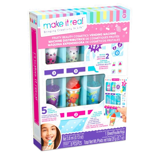 Make It Real: Fruity Beauty Cosmetics Vending Machine - Dispense 5 Fruit Scented Lip Glosses, Surprise Nail Polish & Nail Stickers, Girls Kids Ages 8+