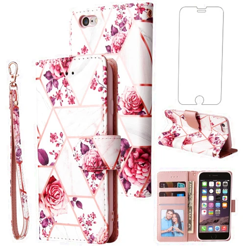 Asuwish Compatible with iPhone 6plus 6splus 6/6s Plus Wallet Case and Tempered Glass Screen Protector Card Holder Phone Cover for iPhone6 6+ iPhone6s 6s+ i 6P 6a S Six iPhone6splus Women Men Rose Gold