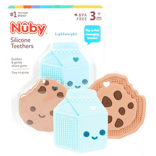Nuby All Silicone Chocolate Chip Cookie & Milk Carton Teether – 2 Pack, 3+ Months