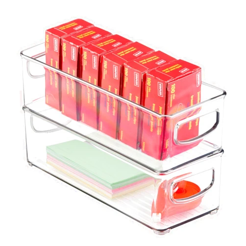 mDesign Small Plastic Office Storage Container Bins with Handles for Organization in Filing Cabinet, Closet Shelf, or Desk Drawers, Organizer for Notes, Pens, Pencils, Ligne Collection, 2 Pack - Clear