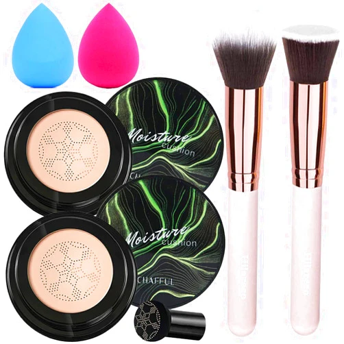 Hilareco 2 PCS Mushroom Head Air Cushion CC Cream Nature Foundation,Foundation Brush Powder Brush,Moisturizing Concealer, Bright Makeup Base Long Lasting with Mushroom Makeup Sponge(#03 Warm Nude)