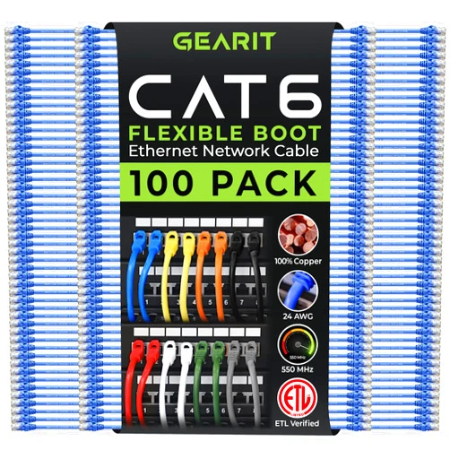GearIT 100-Pack Cat6 Patch Cable 1 Foot Cat 6 Ethernet Cable Snagless Flexible Soft Tab - Preimum Series - Blue
