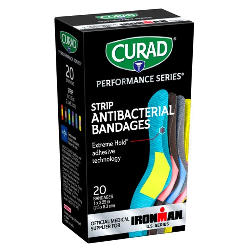 CURAD Performance Series IRONMAN Antibacterial Bandages, Extreme Hold Adhesive Technology, Standard Size Flexible Fabric Bandages for Cuts, Scrapes, & Burns, Assorted Colors, 1 x 3.25 inches, 20 Count